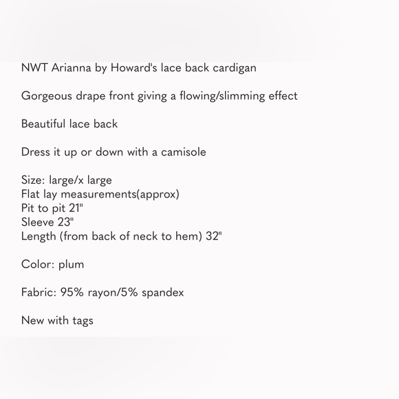 ❌NWT Arianna by Howard's Lace Back Plum Cardigan Size L/XL - Picture 6 of 6